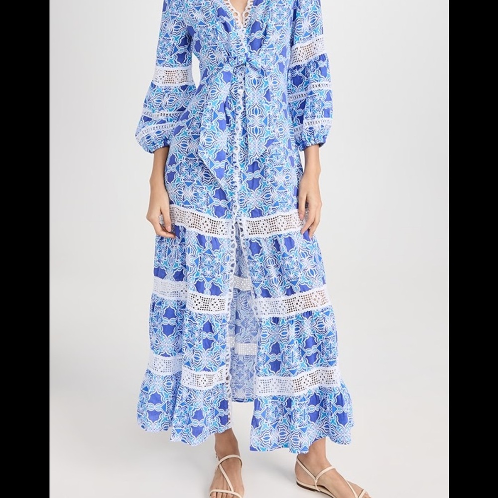 Blue Printed Long Sleeve Maxi Dress